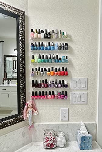 NIUBEE 6 Pack Nail Polish Rack Wall Mounted Shelf with Removable Anti-slip End Inserts, Clear Acrylic Nail Polish Organizer Disp