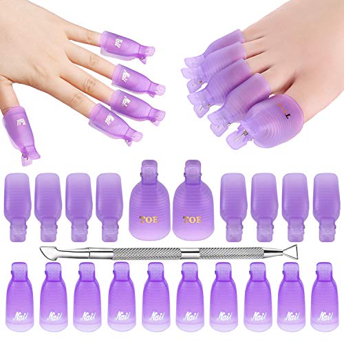 Makartt Gel Nail Polish Remover Clips Kit,With Double Ended Metal Cuticle Pusher,20 Pcs Plastic Resuable Finger And Toe Nail Cli