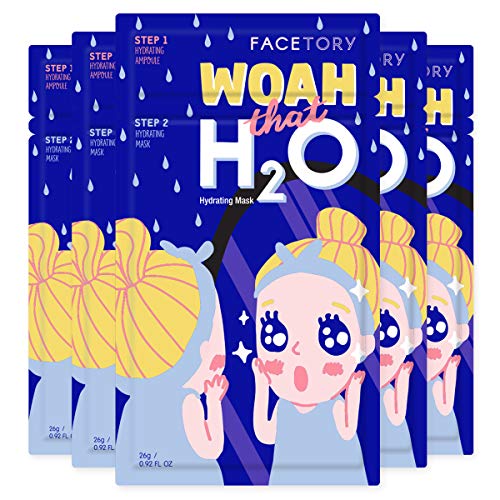FAcETORY Woah that H2O Hydrating 2-Step Hyaluronic Acid and ceramide Mask - Strengthening and Hydrating (Pack of 5)
