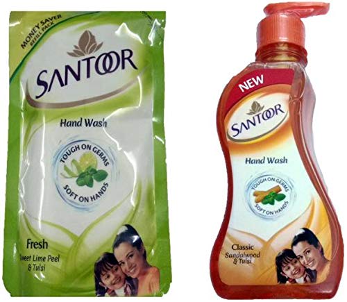 Santoor Classic Sandalwood & Tulsi Handwash 215 Ml +Fresh Sweet Lime Peel & Tulsi Handwash 180 Ml Pump Dispenser (215 Ml)