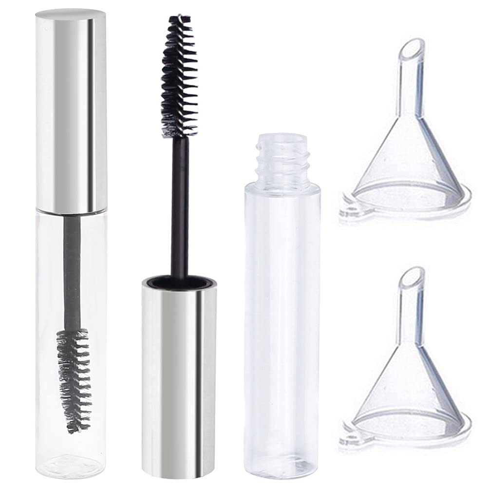 2Pcs 10Ml Empty Mascara Tube With Eyelash Wand,Silver Eyelash Cream Container Bottle With Funnels Transfer Pipettes For Applying