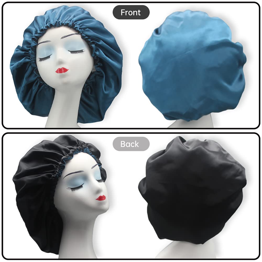 Satin Sleep Cap, Adjustable Satin Cap, Silk Bonnet, Reusable Bath Hair Cap For Night Sleeping Reversible Double Layer 2 Pack (De