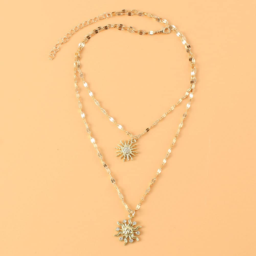 COLORFUL BLING Double Chains Moon and Sun Layered Choker Necklace Sunflower Opal Pendant Necklace Gift for Women-N double crysta
