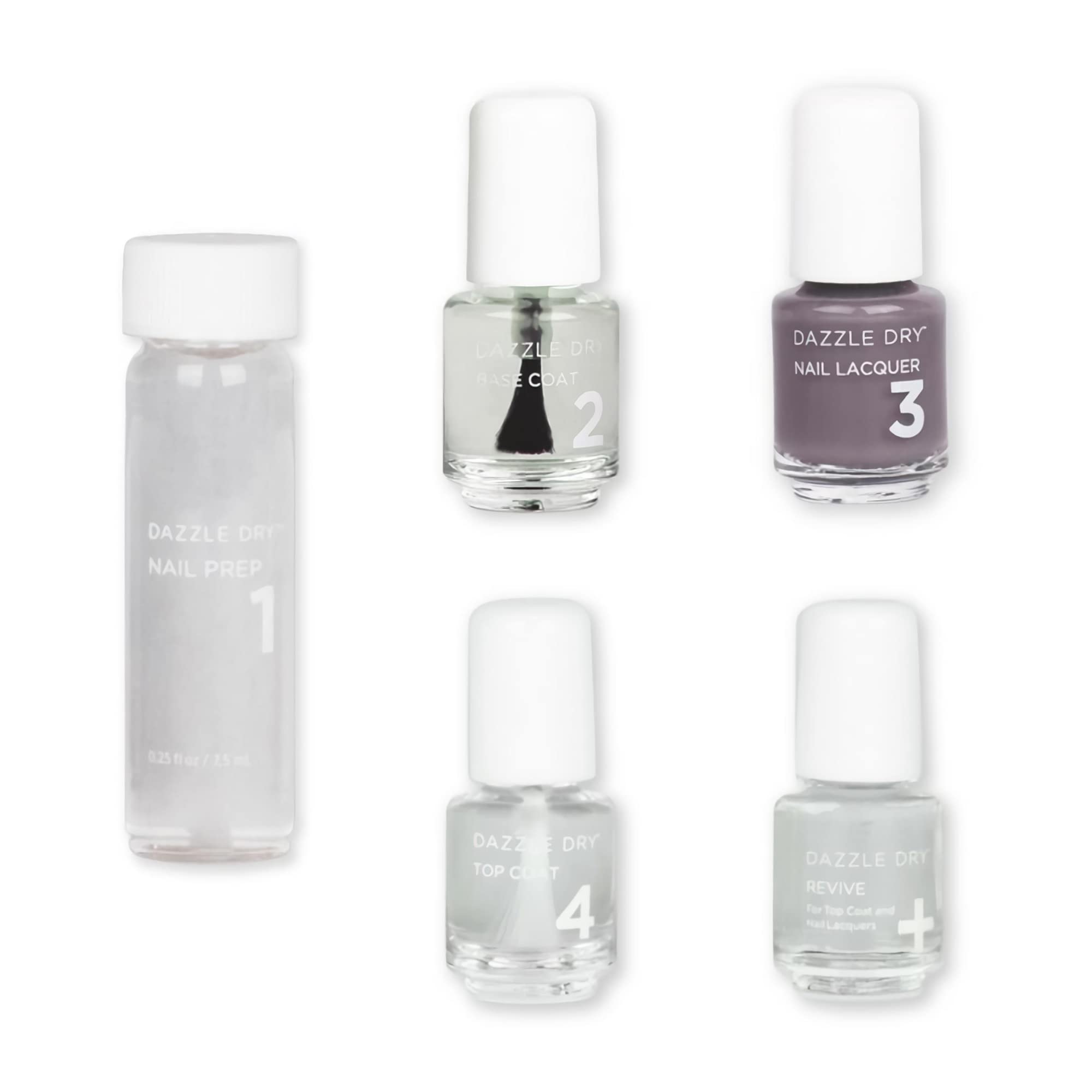 Dazzle Dry Mini Kit 4 Step System - Anticipation, an opaque dark slate gray with purple undertones. Full coverage cream. (5 Piec