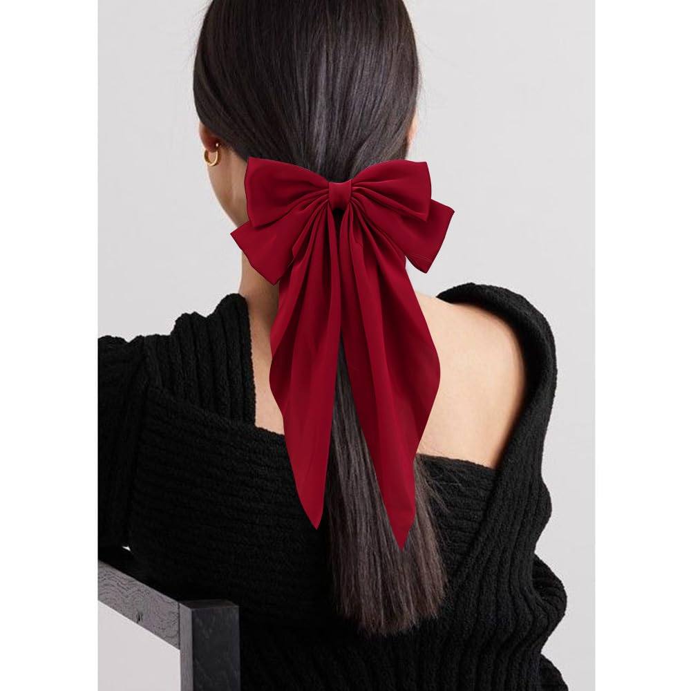 Atoden Red Silky Satin Large Oversized Bowknot Hair Bows 2Pcs Long Tail Barrettes Metal Clips Aesthetic Hair Accessories Christm