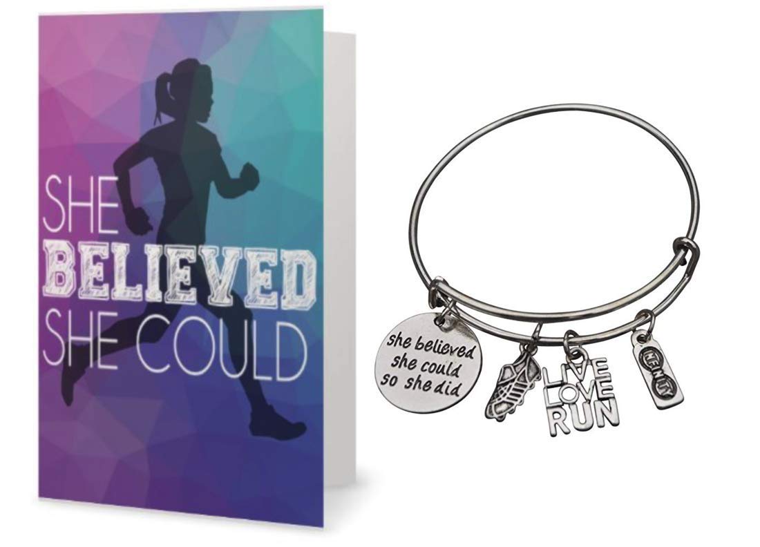 Infinity Collection Runner Bracelet & Card Gift Set, Runner She Believed She Could So She Did Charm Bangle Bracelet, Runner Gift