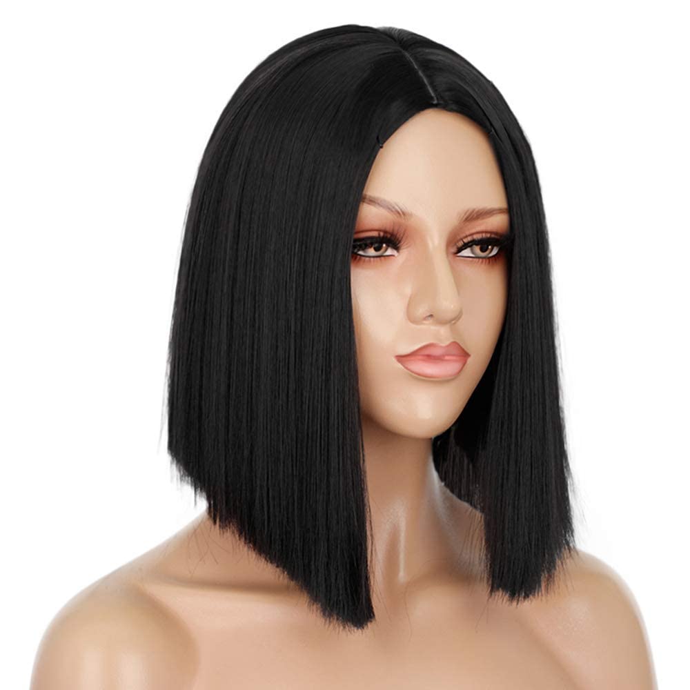 Entranced Styles Short Black Wigs For Women, Straight Bob Wigs For Girls Heat Resistant Synthetic Wigs 12 Inch Middle Part Hair
