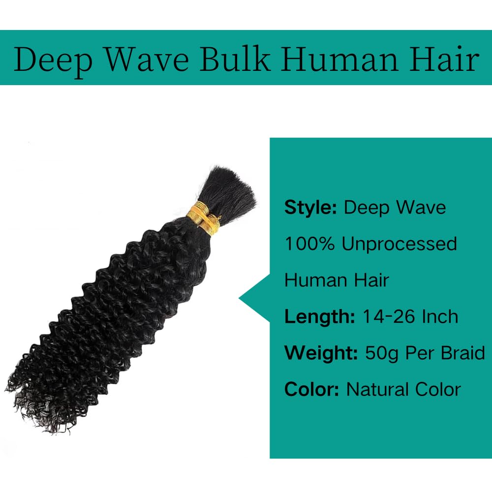 9A Virgin Curly Human Hair for Boho Knotless Braids Deep Wave Bulk Human Hair No Weft 1 Bundle 50g(1 Pack 2 Bundles)16 Inch Curl