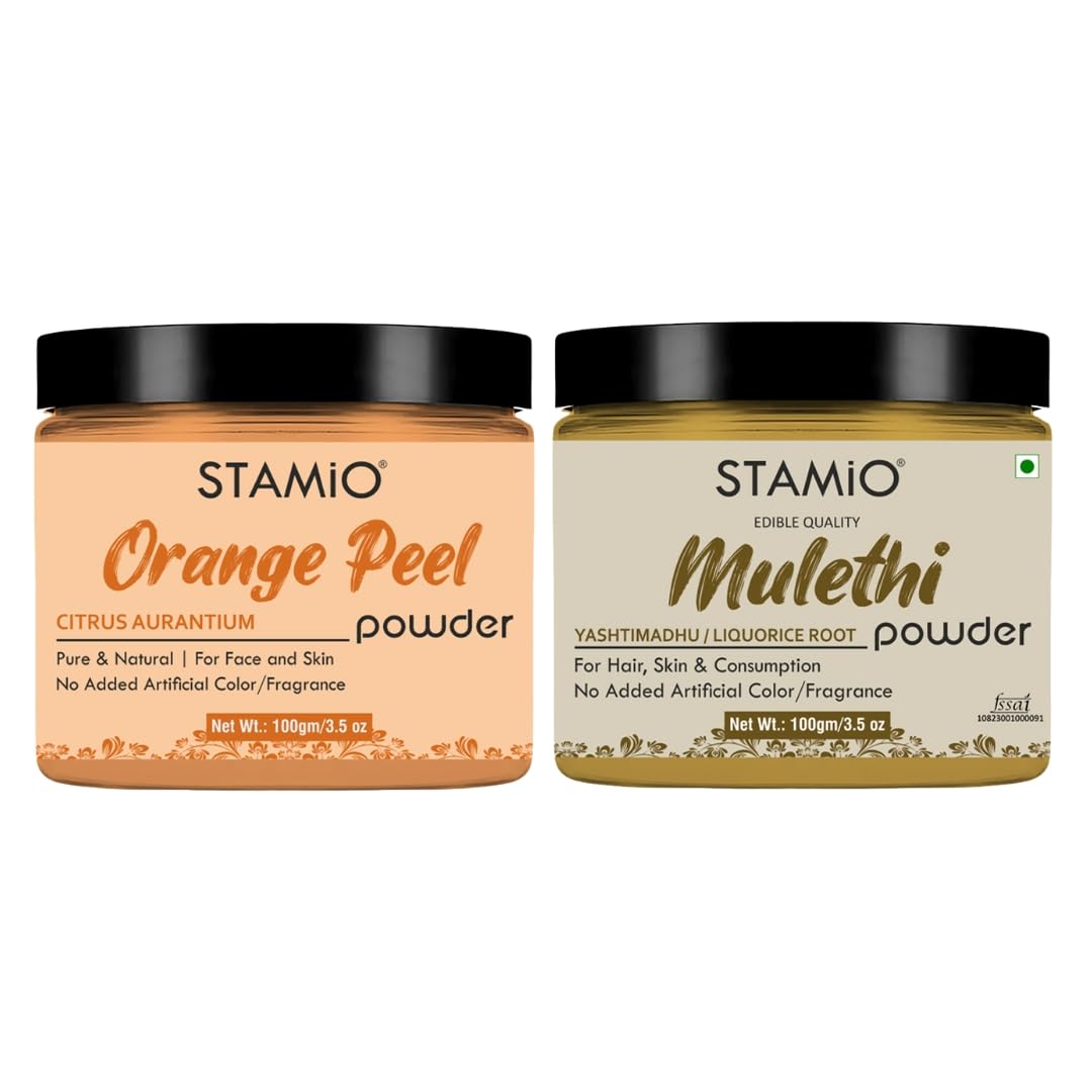 Stamio Skin Care 2 Powders Combo  Orange Peel And Mulethi Powder For Face Pack, Hair, Mask, Acne, Pimples, Tanning | Santra Chi