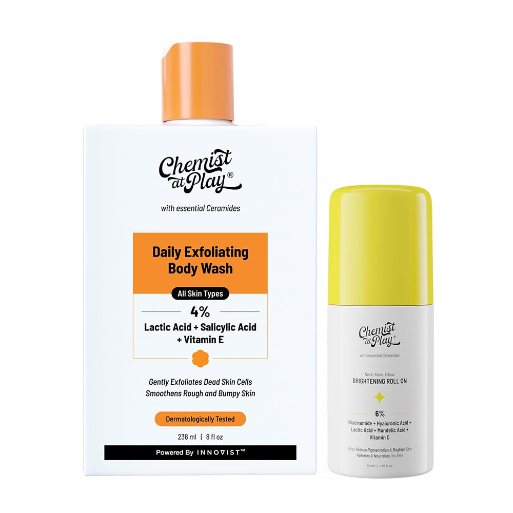 Chemist At Play Exfoliating Body Wash (236Ml) + Neck, Knee & Elbow Brightening Roll-On (40Ml) | With Lactic Acid, Salicylic Acid