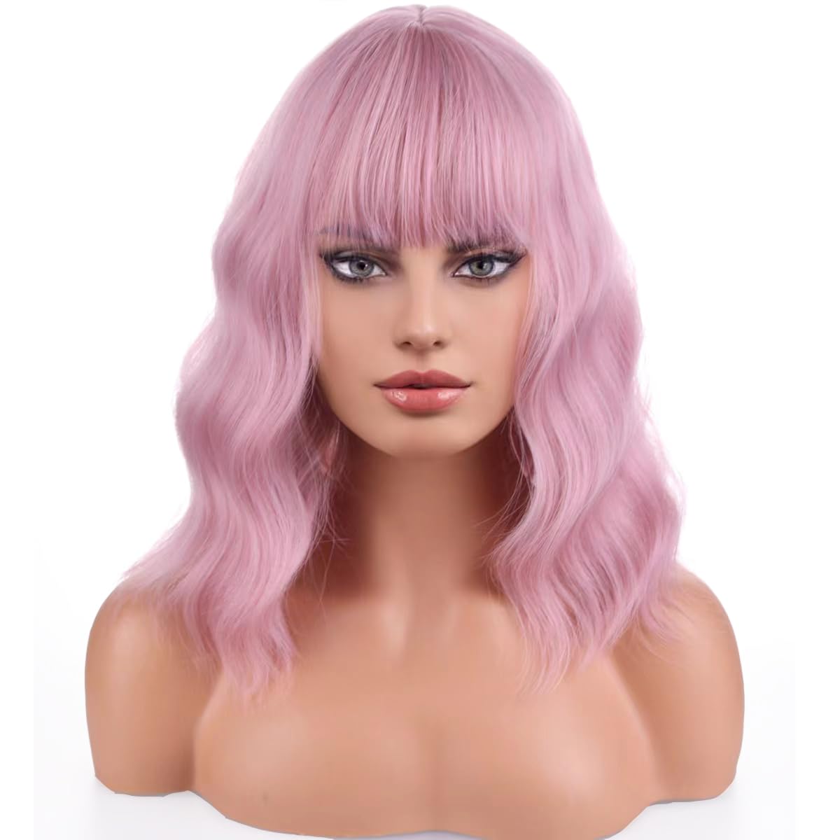 Pattnium Pink Wig For Women Short Curly Wavy Bob Wig Pink Wig With Bangs Shoulder Length Wig 12'' Heat Resistant Synthetic Wig (