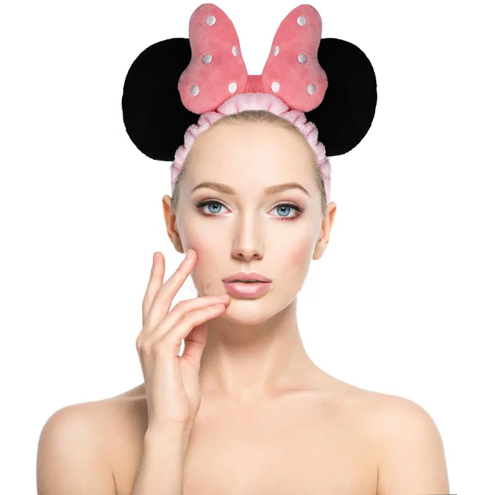 Jiahang Mouse Ears Facial Spa Headbands, Coral Fleece Wash Face Hair Band, Velvet Bow Shower Hair Band For Girls Women Make Up H