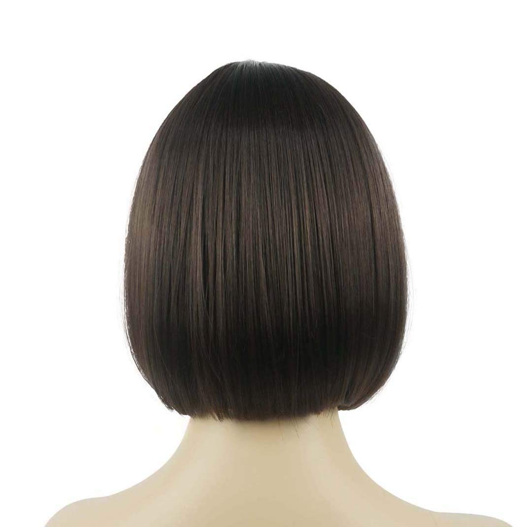 Lydell 8'' Straight Short Bob Hair Flat Bangs Cute Central Dot Skin Top Heat Resistant Synthetic Wigs (6 Chestnut Brown)