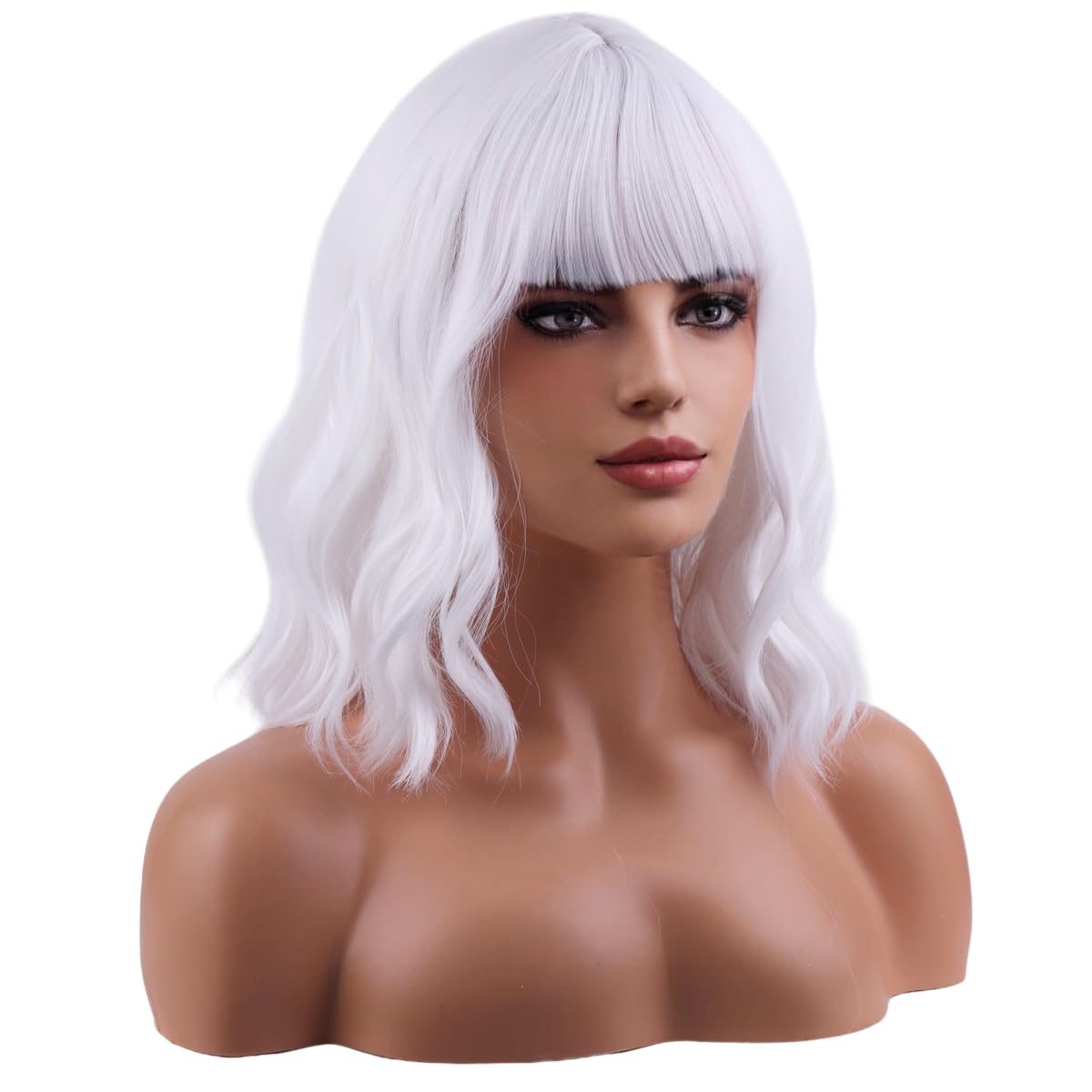 WTHCOS White Wig Short Bob Wig Short White Wig With Bangs Curly Wavy White Wig for Women Heat Resistant Synthetic Hair Wigs for 