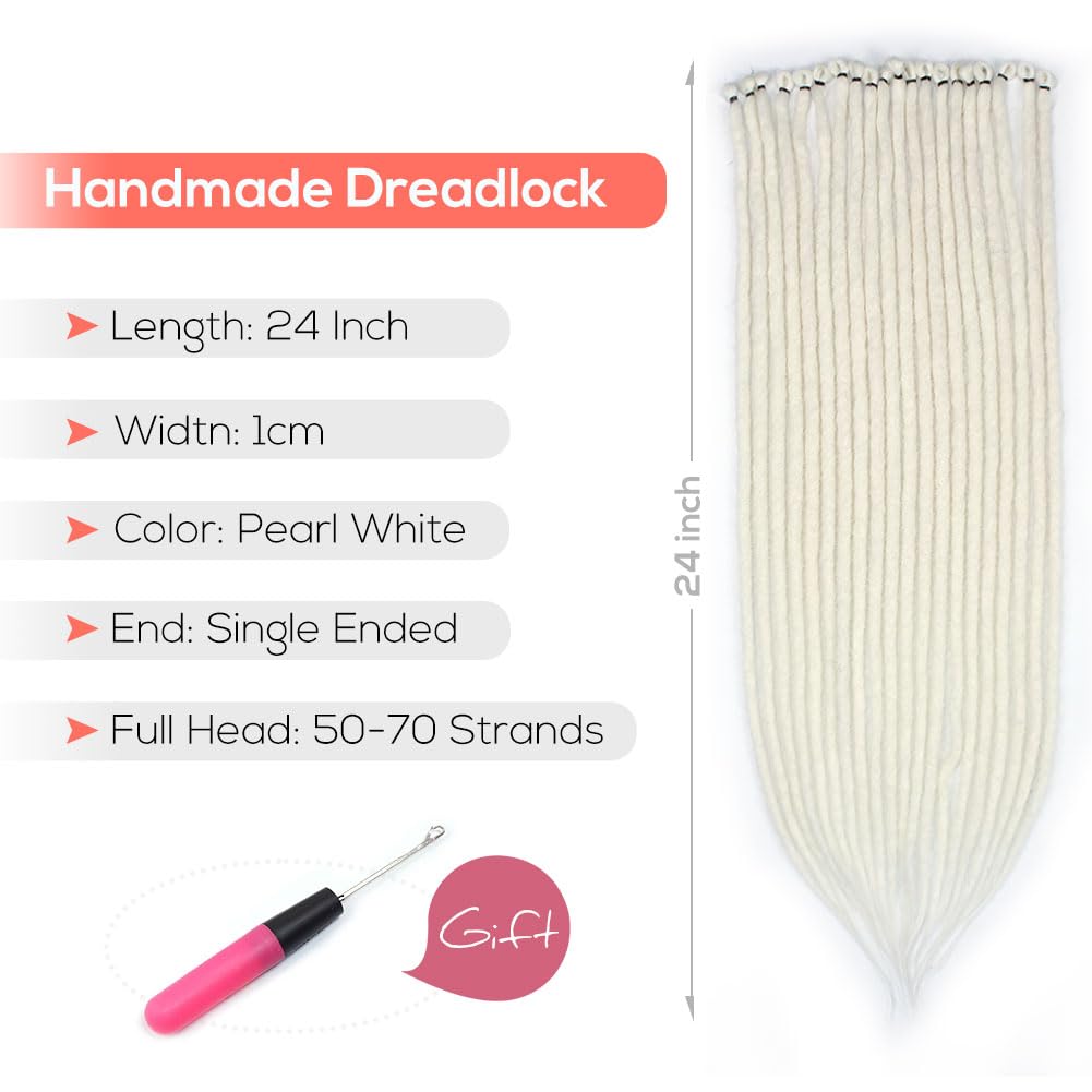 Kraler 24'' Thick Pearl White Dreadlock Extensions, 20 Strands 1cm Width SE Crochet Dreadls Extensions of Synthetic Hair Hip Hop