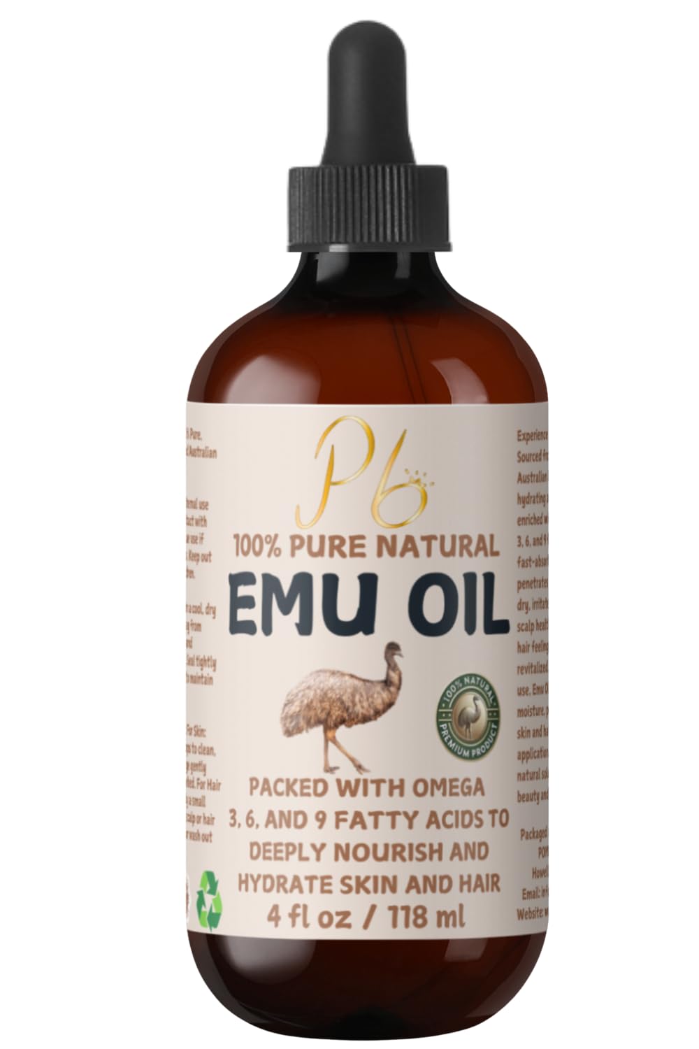 Emu Oil, 100% Pure Australian Emu Oil - Refined Natural Oil for Hair Growth, Natural Skin Moisturizer, Hydrating Face & Body Oil