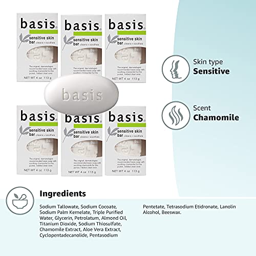 Basis Sensitive Skin Bar Soap - Cleans and Soothes with Chamomile and Aloe Vera, Use as Body Wash or Hand Soap - Pack of 6