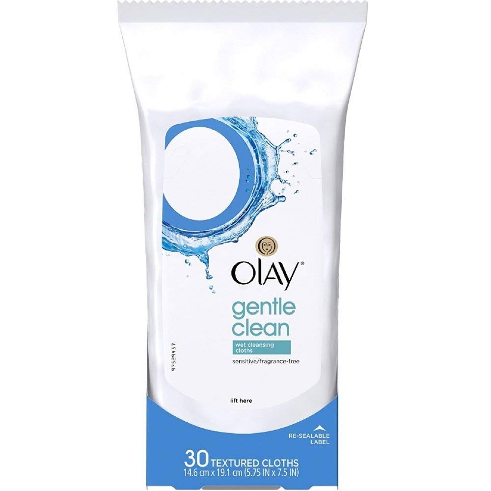 OLAY Wet Cleansing Cloths Gentle Clean, Sensitive/Fragrance-Free 30 Ea (Pack of 4)