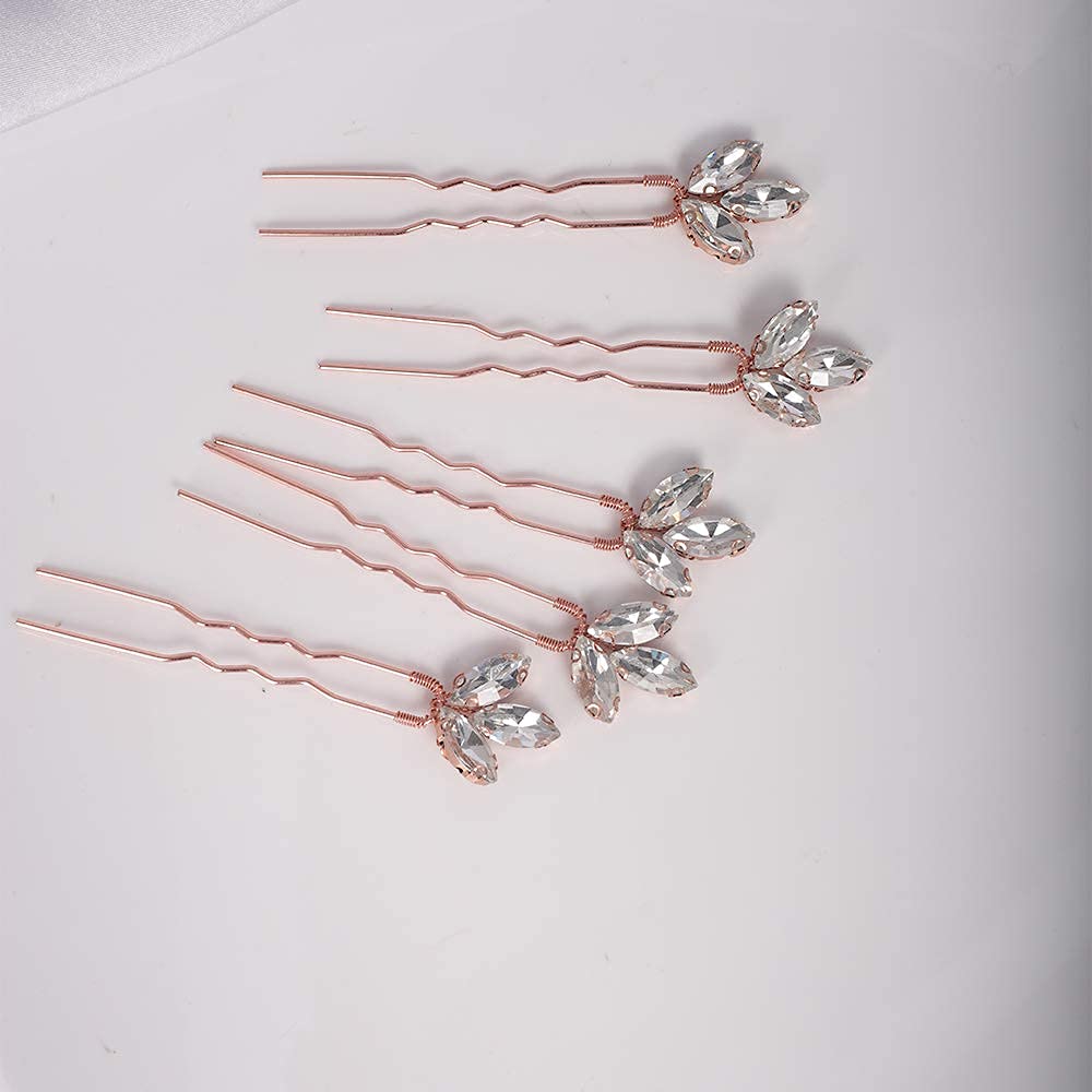 Yertter Wedding Hair Pins Set Of 5 Hair Pins Rhinestones Bridal Clip Accessories For Bride And Bridesmaids (Rose Gold)