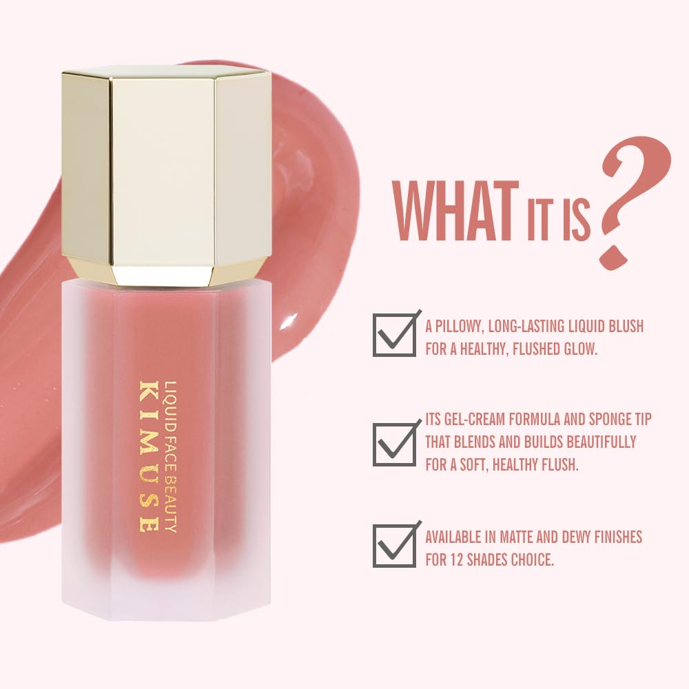KIMUSE Liquid Blush, Soft Cream Blush Face Blush, Liquid Blush for Cheeks, Long-Wearing Pigmented Blush, Waterproof, Smudge Proo