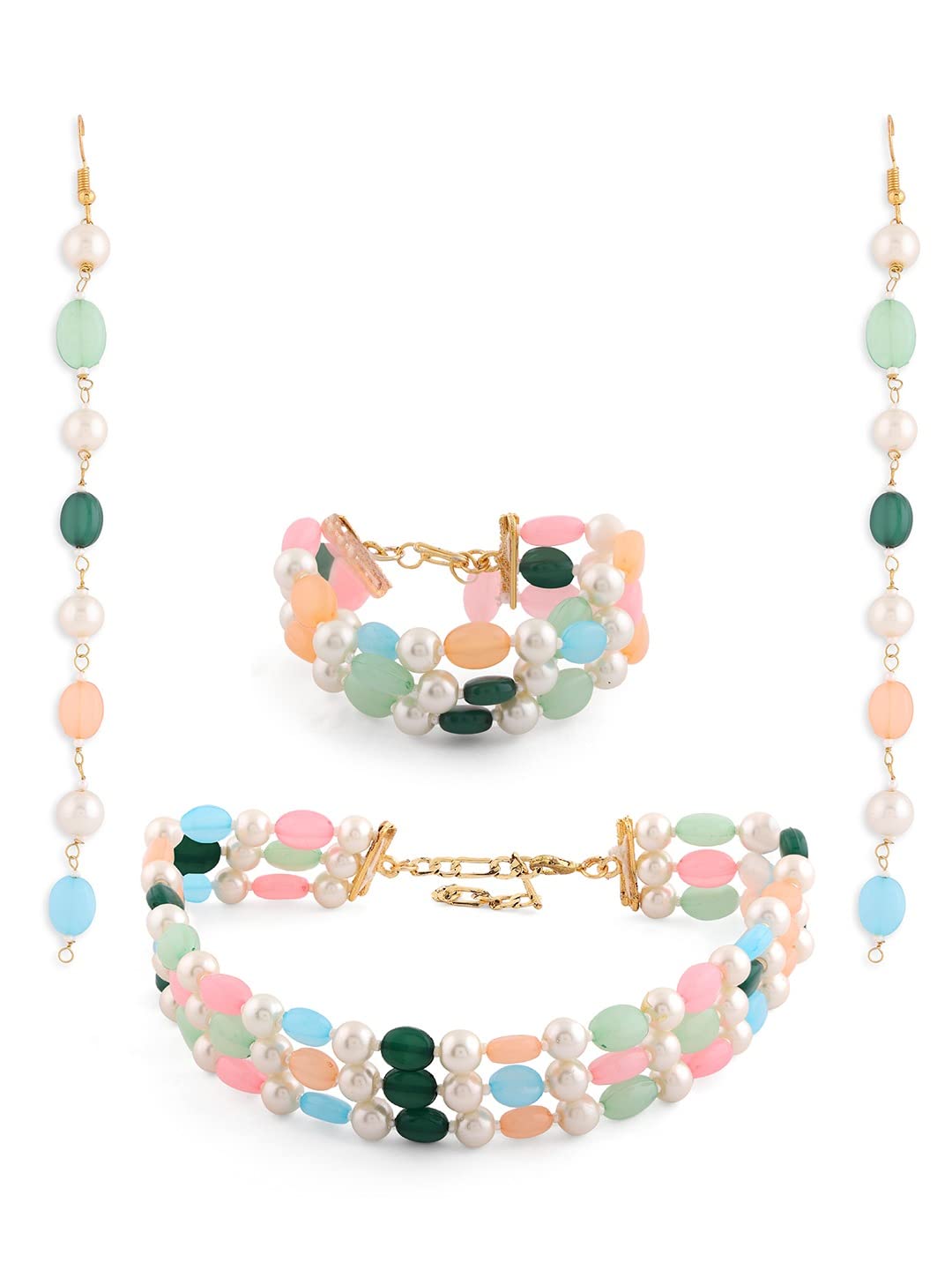 Zaveri Pearls Multicolor Multi Strands Beaded Choker Necklace Earring & Bracelet Set For WomenZpfk13761