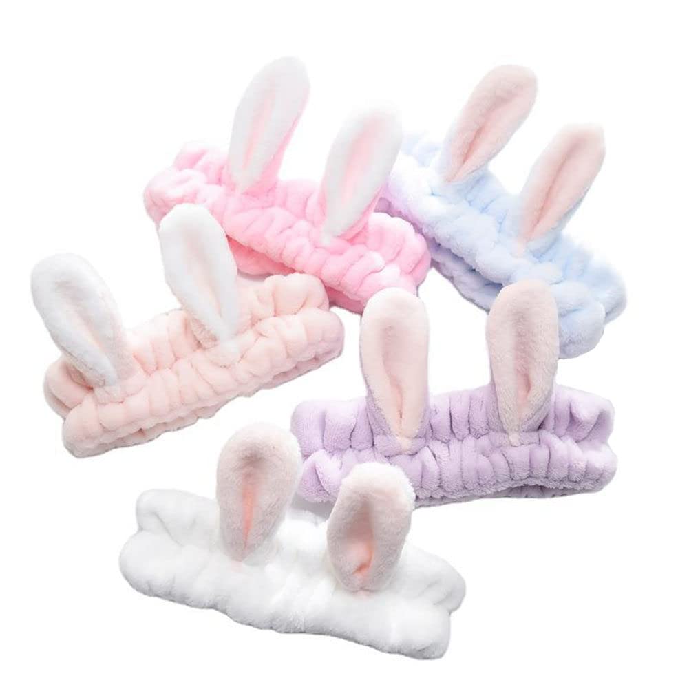 Lovef 5Pcs Bunny Ear Cosmetic Headband Fashion Cute Fluffy Elastic Makeup Headband Hairband For Shower, Face Washing, Facial Mas