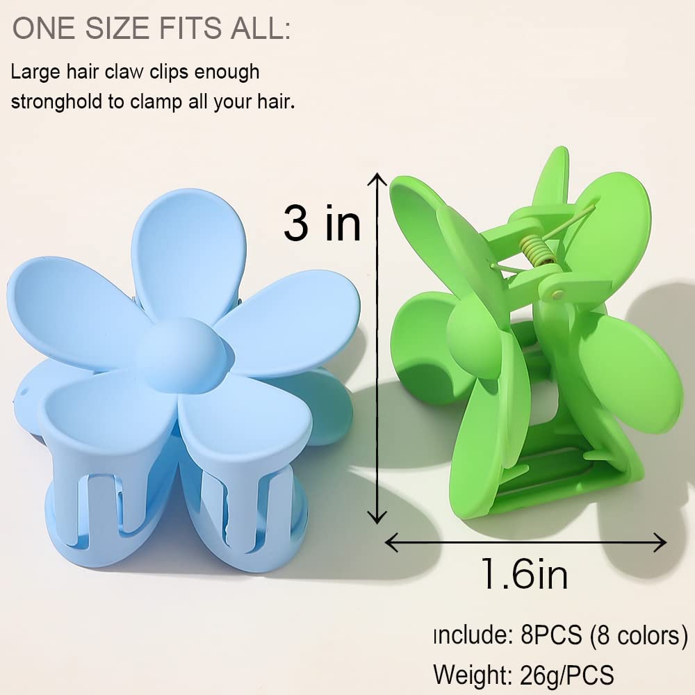 Flower Hair Clips 8Pcs, Large Claw Clips For Women Girls Thick Thin Hair, Strong Hold Nonslip Big Dasiy Jaw Clamps Matte Hair Ac