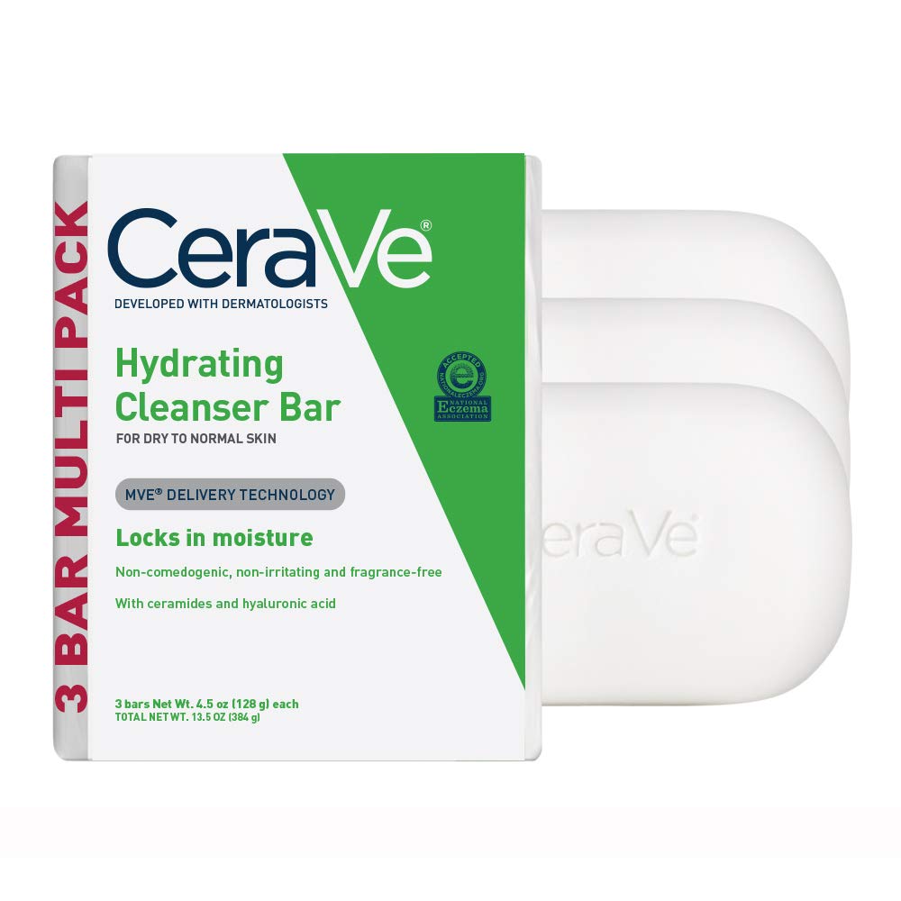 CeraVe Hydrating Cleanser Bar | Soap-Free Body and Facial Cleanser with 5% Moisturizing Cream | Fragrance-Free |3-Pack, 4.5 Ounc