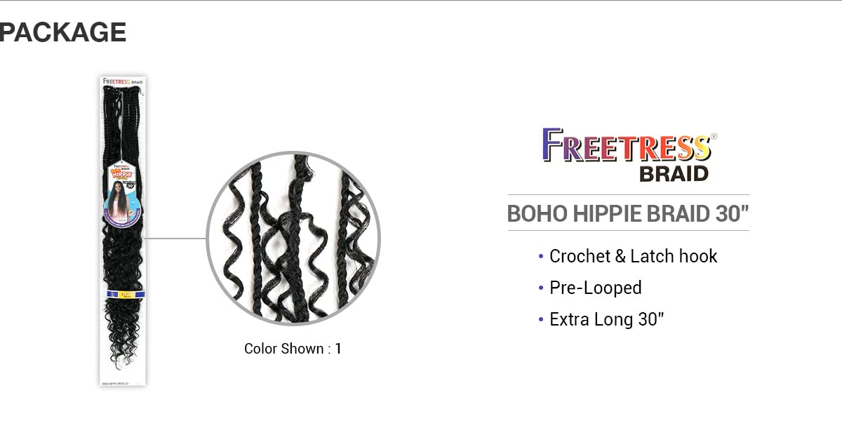 FreeTress Synthetic Hair Crochet Braids Boho Hippie Braid 30 (1-pack, 1B)