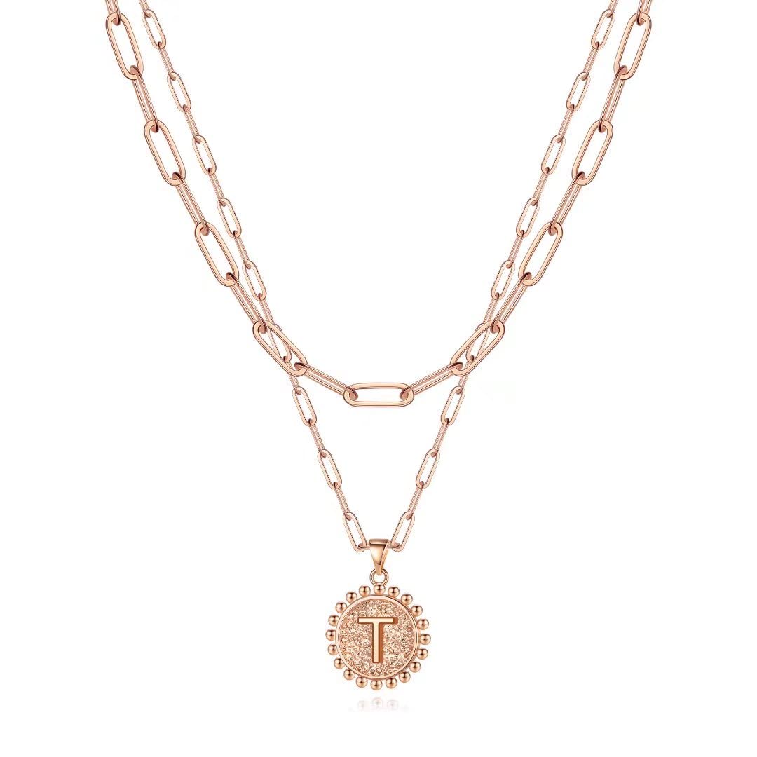 Ursteel Initial Necklace for Women - Rose Gold Dainty Layered Letter T Necklaces for Women Trendy Rose Gold Choker Pendent Jewel