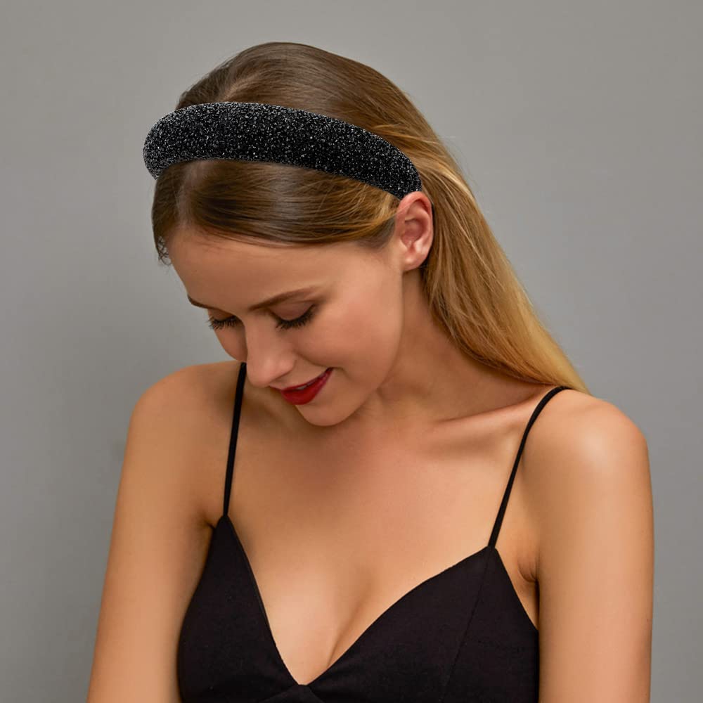 Atoden Black Rhinestone Padded Sequin Diamond Glitter Sparkle Jeweled Bling Headbands For Women'S Hair