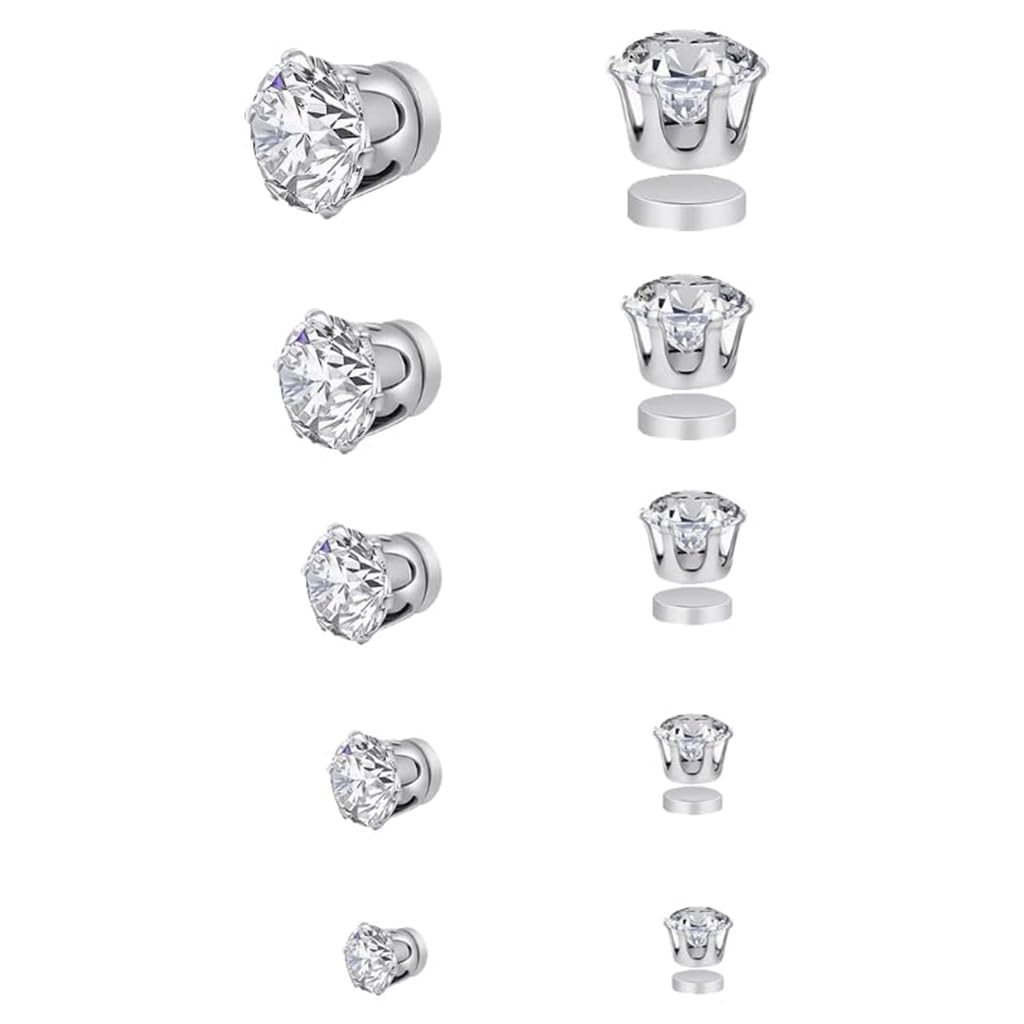 Sannidhi 5 Pairs Earrings Set For Women 4/5/6/7/8Mm Rhinestone Magnetic Shiny ClipOn Earring Round Cubic Zirconia Stud Earrings