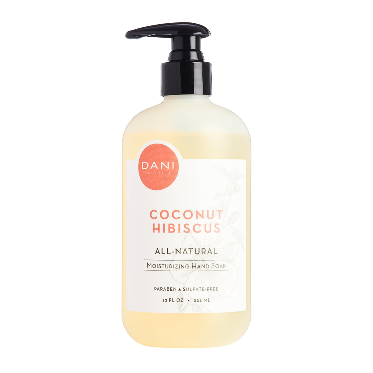 Dani Natural Moisturizing Liquid Handwash Naturals -Tropical Coconut Hibiscus Scented - Gentle Soap With Organic Aloe Vera - 12