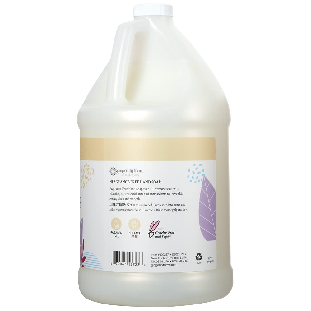 Ginger Lily Farms All-Purpose Liquid Hand Soap Refill, Fragrance-Free, 1 Gallon, Vegan & Cruelty-Free, White