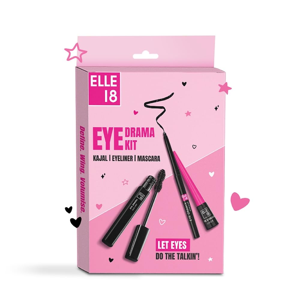 Elle 18 Blink & Slay, Eye Makeup Kit With Eyedrama Kajal, Eyeliner & Mascara, SmudgeProof, WaterProof & LongLasting, Black, P