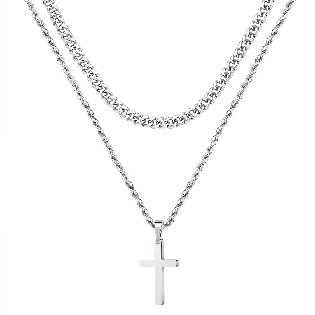 Cross Necklace for Men, Stainless Steel Cross Necklace Mens Cross Chain Layered Rope Chain Cross Pendant Necklace for Men Women 
