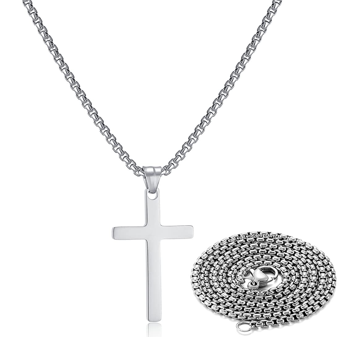 Stainless Steel Cross Necklace for men,Silver Cross Necklace for boys kids tiny Small Cross Pendant Necklace 16 inches Simple Je