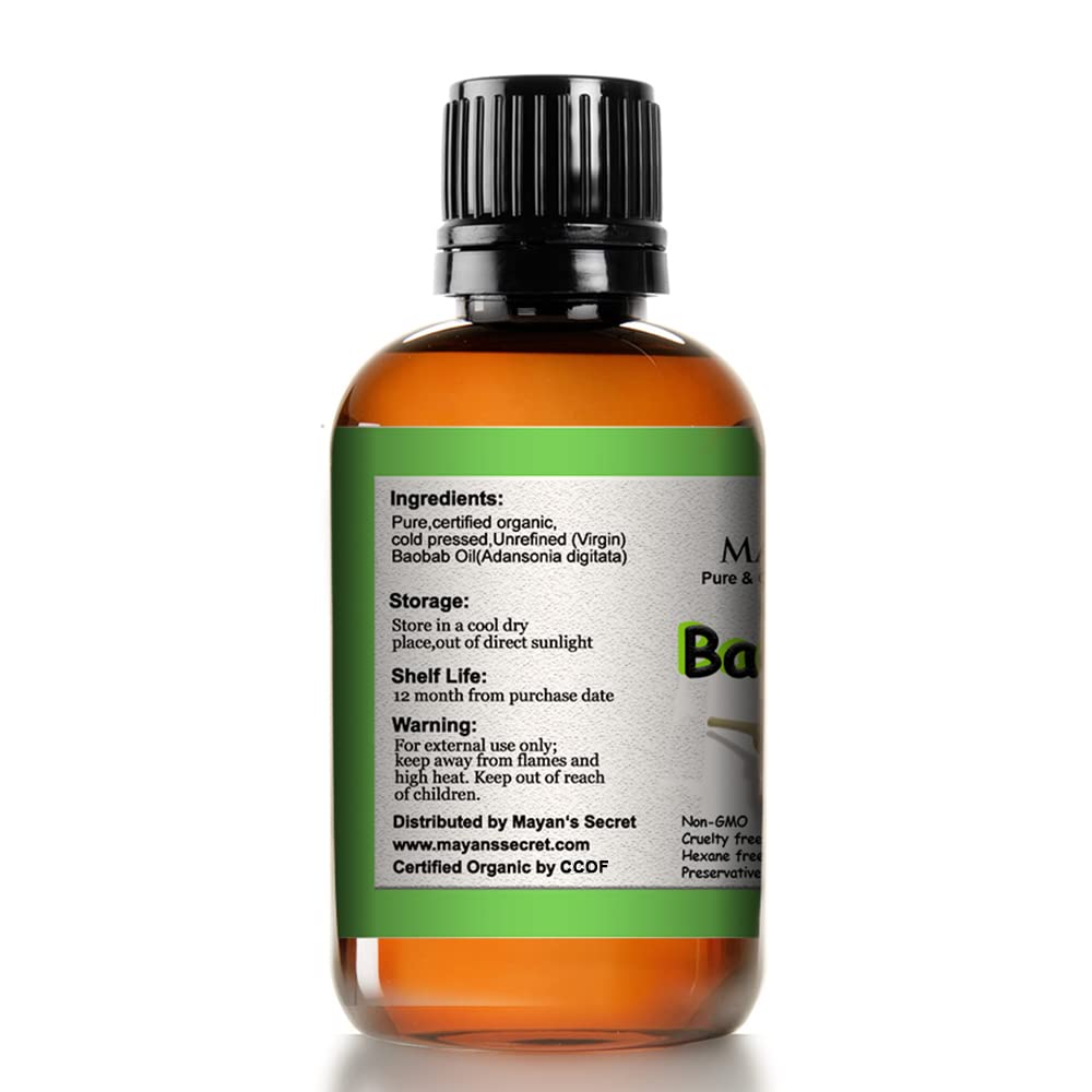 Mayan's Secret - 4oz Organic Baobab Oil for Hair - Non-GMO and Vegan-Friendly Oil for Daily Use Dark Glass Bottle Cold Pressed a