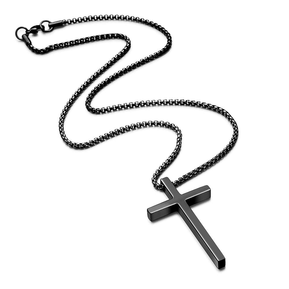 M MOOHAM Cross Necklace for Men, Silver Black Gold Stainless Steel Plain Cross Pendant Necklace for Men Box Chain 16-30 Inch