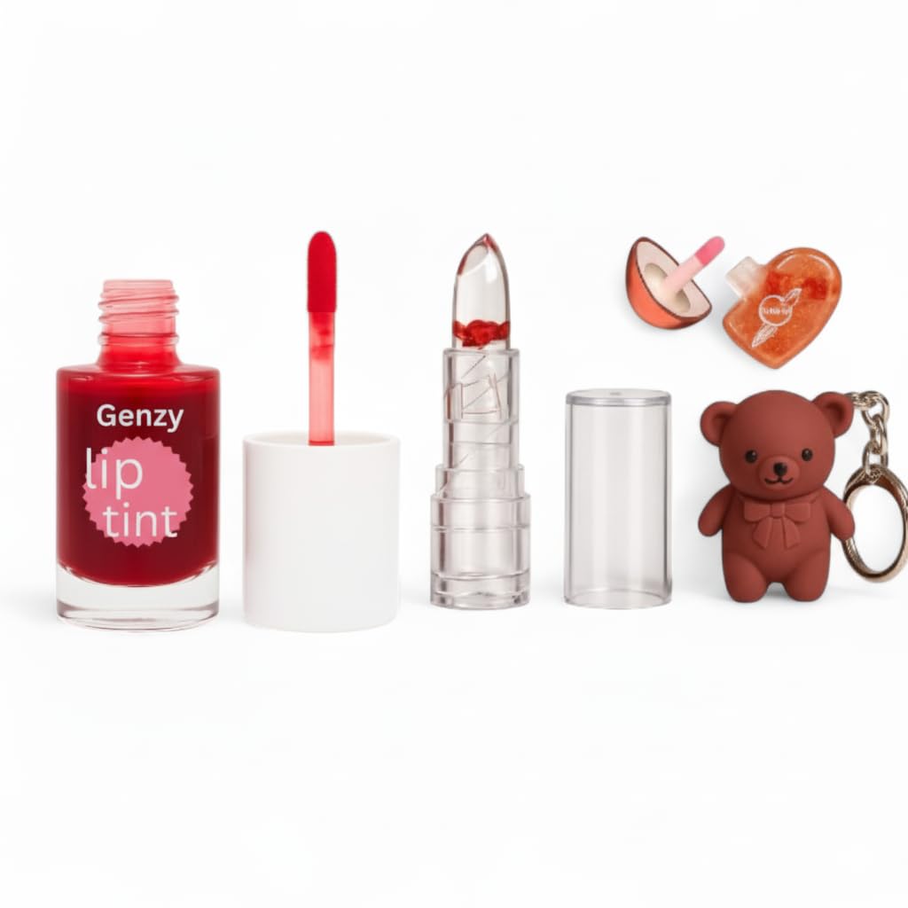 Genzy Lip & Cheek Tint Combo Set | Korean Makeup Long Lasting Waterproof Blush | Water Gel Tint, Jelly Flower Lipstick, Teddy Be