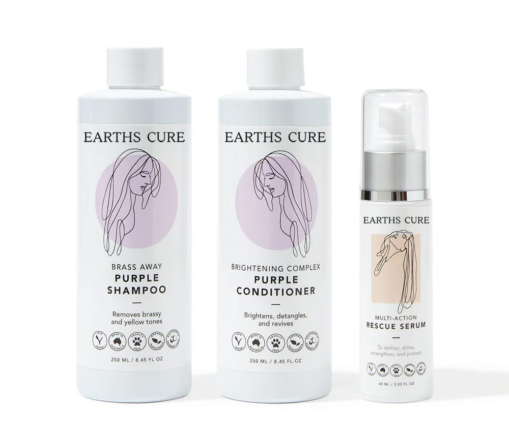 Complete System for Gray Hair, Neutralizes Brassy Tones and Hydrates - Purple Toning Shampoo, Purple Brightening Conditioner, Ha