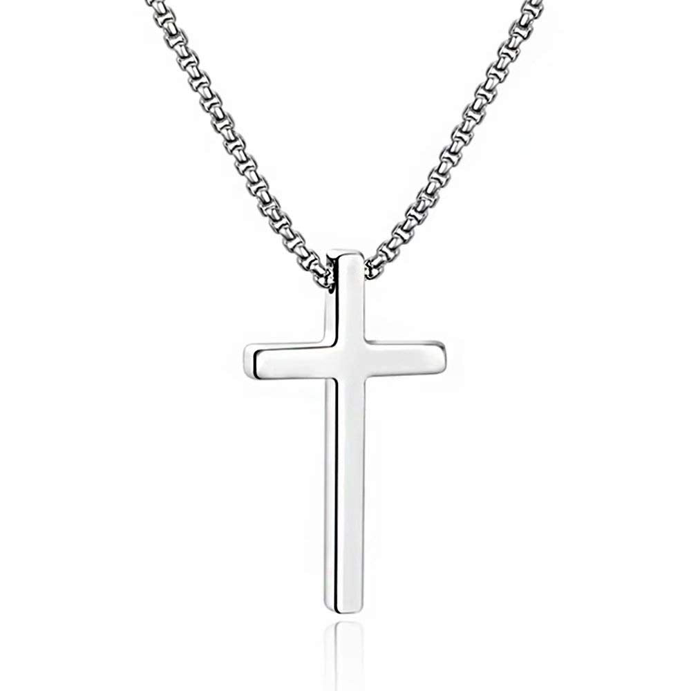 M MOOHAM Stainless Steel Cross Pendant Necklaces for Men Pendant Chain 30 Inch Silver, Christian Religious Baptism Gifts Jewelry