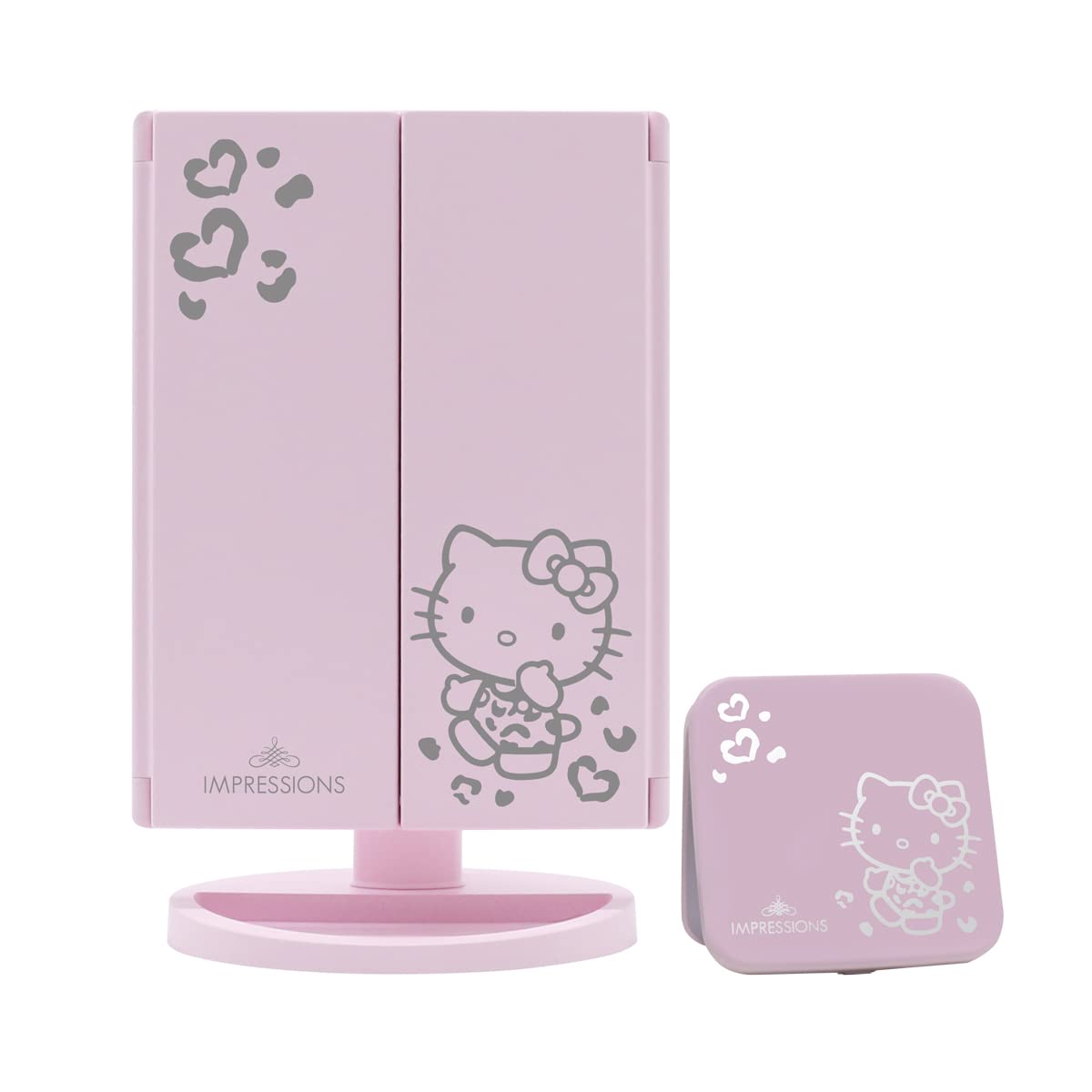 Impressions Vanity Hello Kitty Lighted Makeup Mirrors Bundle, Supercute Trifold And Compact Mirror With Led Lights, Magnificatio