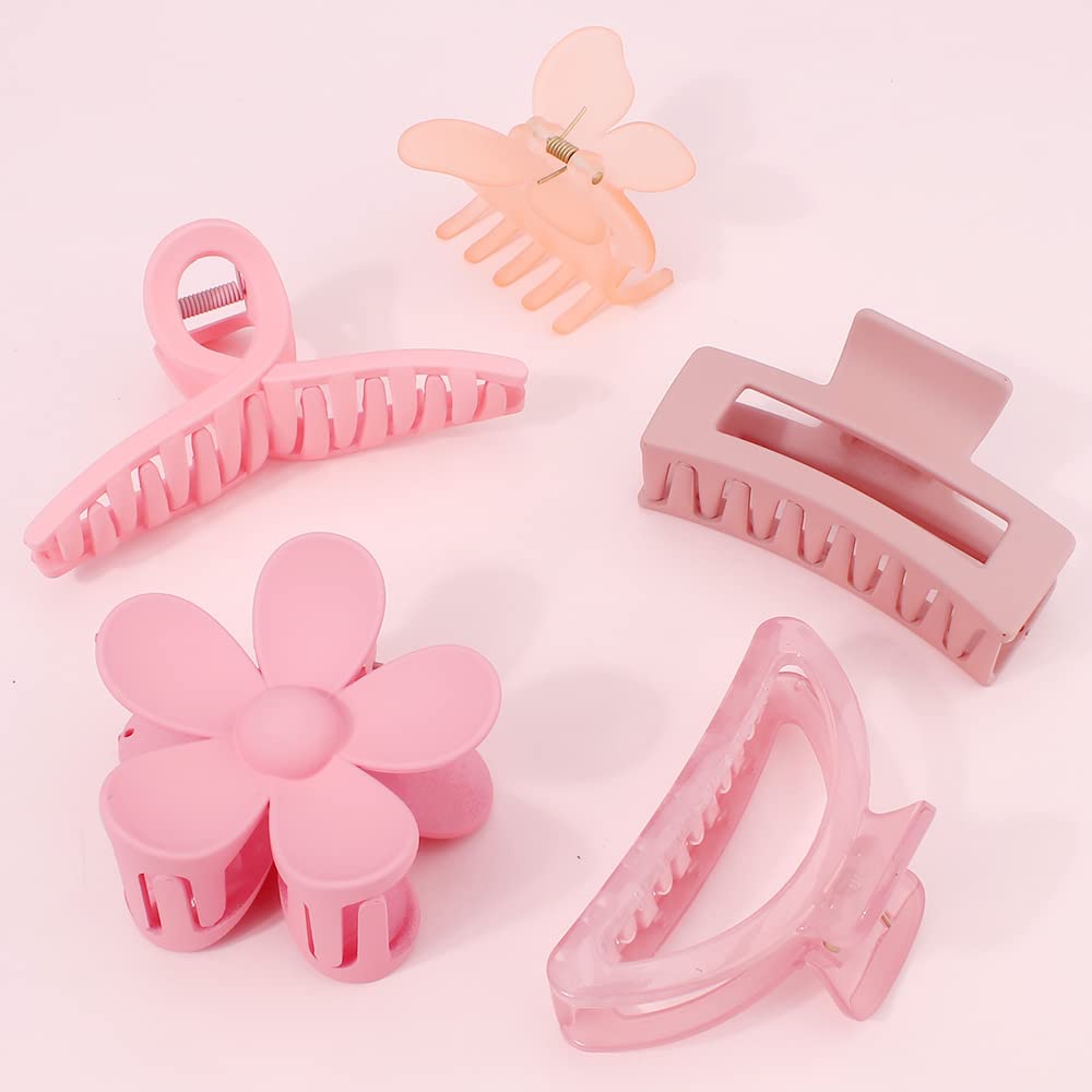 Pink Hair Clips, Ahoney 5 Pack Hair Clips for Thin Hair Cute Hair Clips 3.4-4.3 Inch Jaw Clips for Hair Big Hair Clamp Butterfly
