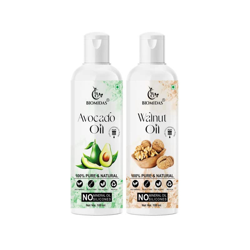 Biomidas 100% Pure Avocado Oil 100Ml & Walnut Oil 100Ml Combo For Rapid Hair Growth, Anti Hair Fall, Split Ends & Promotes Softe
