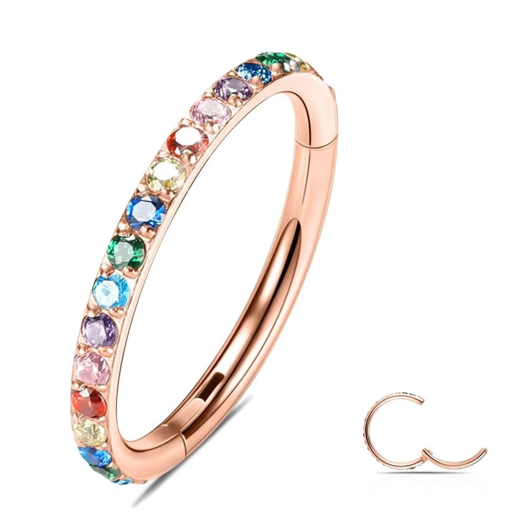 WBRWP 316L Surgical-Steel Hinged Nose Rings Hoop : 20G(0.8mm) Women Body Pierecing Ring with Colorful Zircon Septum Clicker Heli