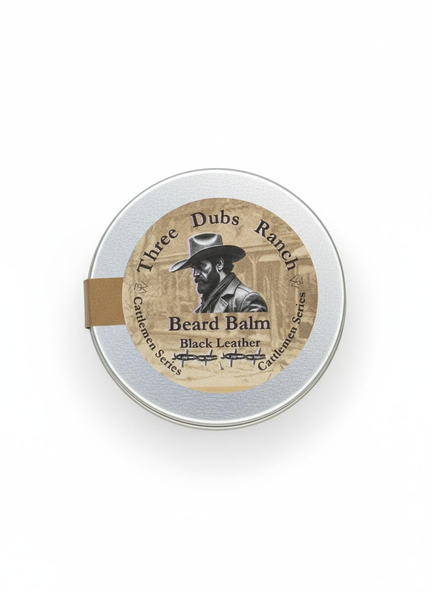 Three Dubs Ranch Beard Balm Black Leather 100% Natural withGlycerin, Aloe, Macha Tea, Almond oil, Argan oil, Vitamin E, Tallow, 