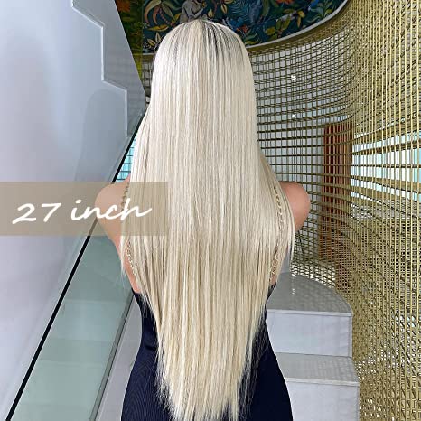 Emmor Long Blonde Lace Front Wig For Women, 30 Inch Natural Hair Straight Synthetic Wigs Middle Part,Hand Tied/Longlife/Lightwei