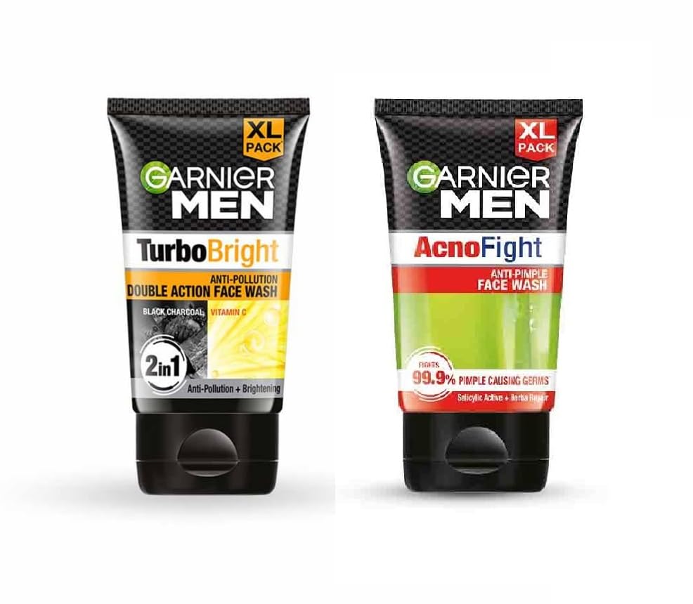 Garnier Men Turbo Bright AntiPollution Double Action Face Wash 150G + Acno Fight Anti Pimple Face Wash 150G (Pack Of 2) 300G
