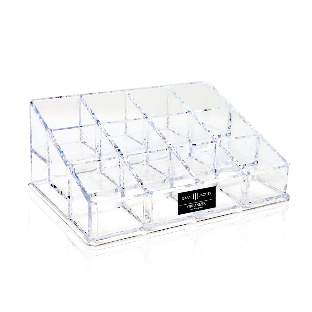 Isaac Jacobs Clear Acrylic 12 Compartment Nail Polish Holder, Organizer for Makeup, Essential Oils, Storage Solution, Rack Displ